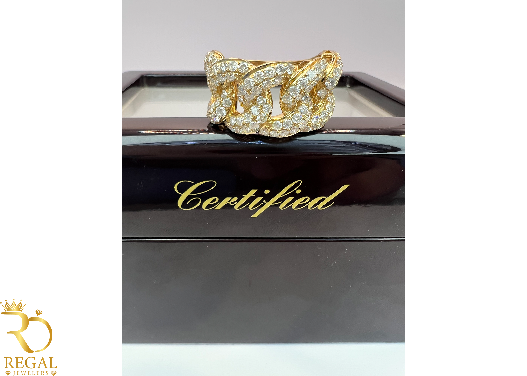 Yellow Gold Miami Cuban Ring with Diamonds