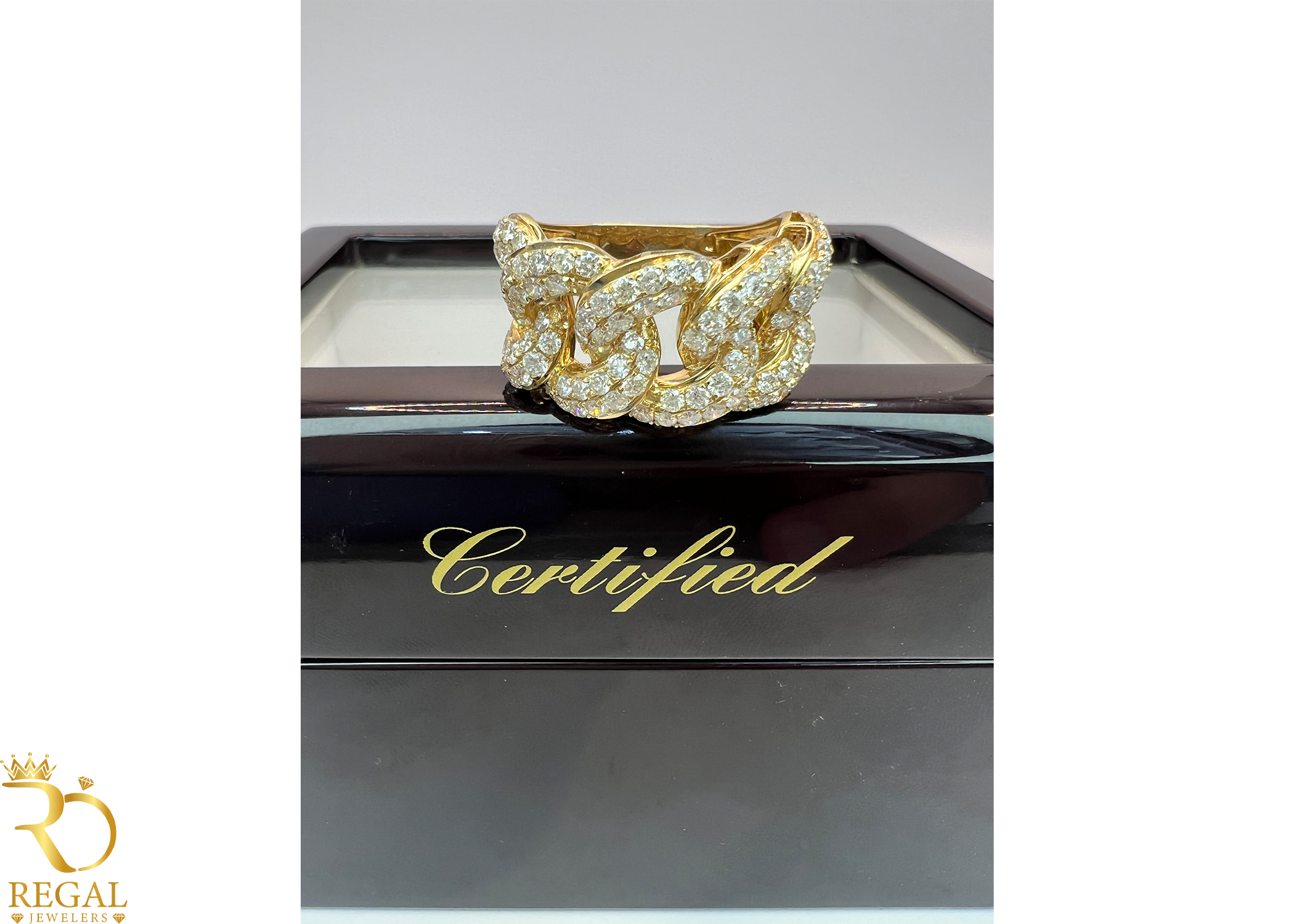 Yellow Gold Miami Cuban Ring with Diamonds