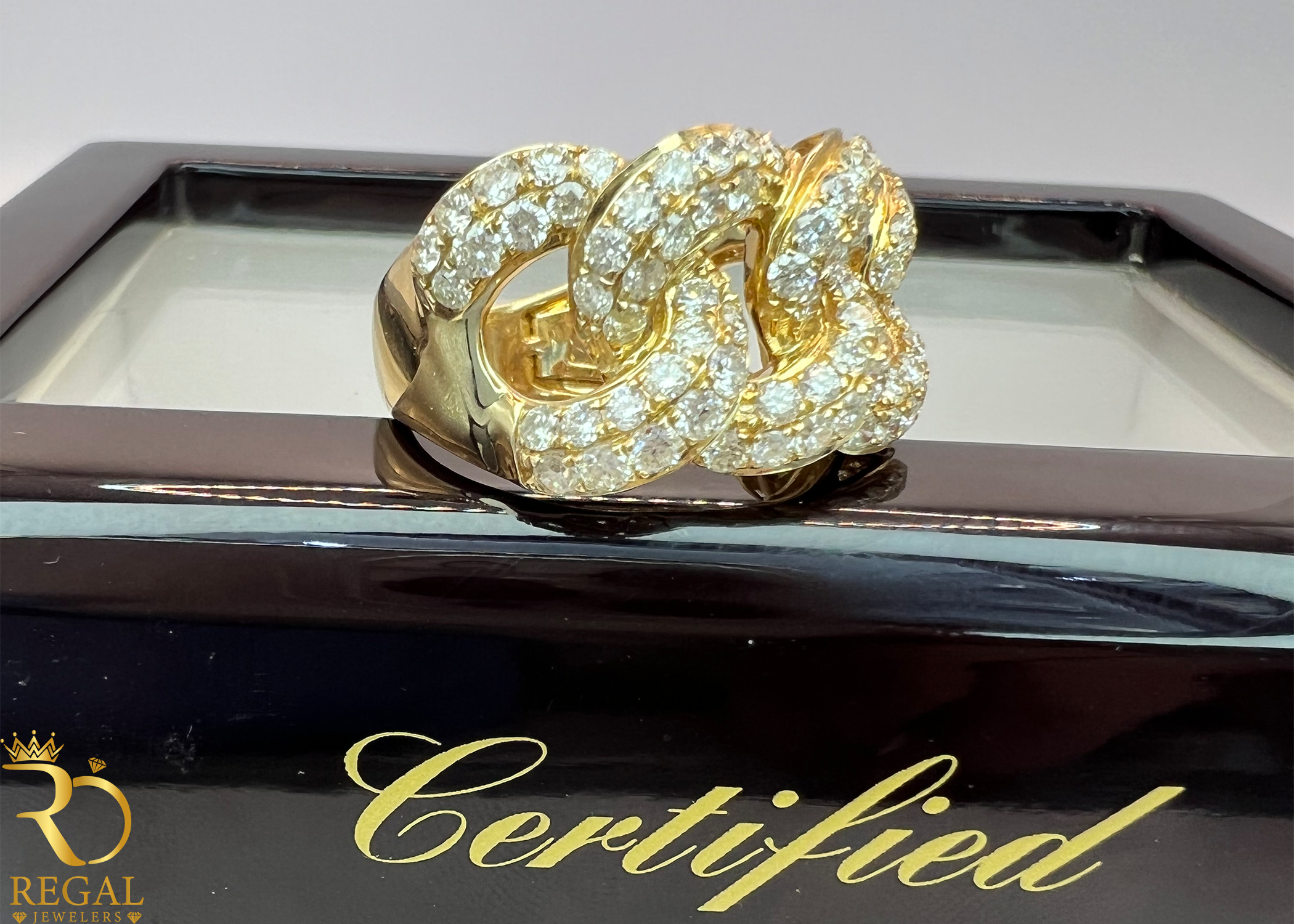 Yellow Gold Miami Cuban Ring with Diamonds