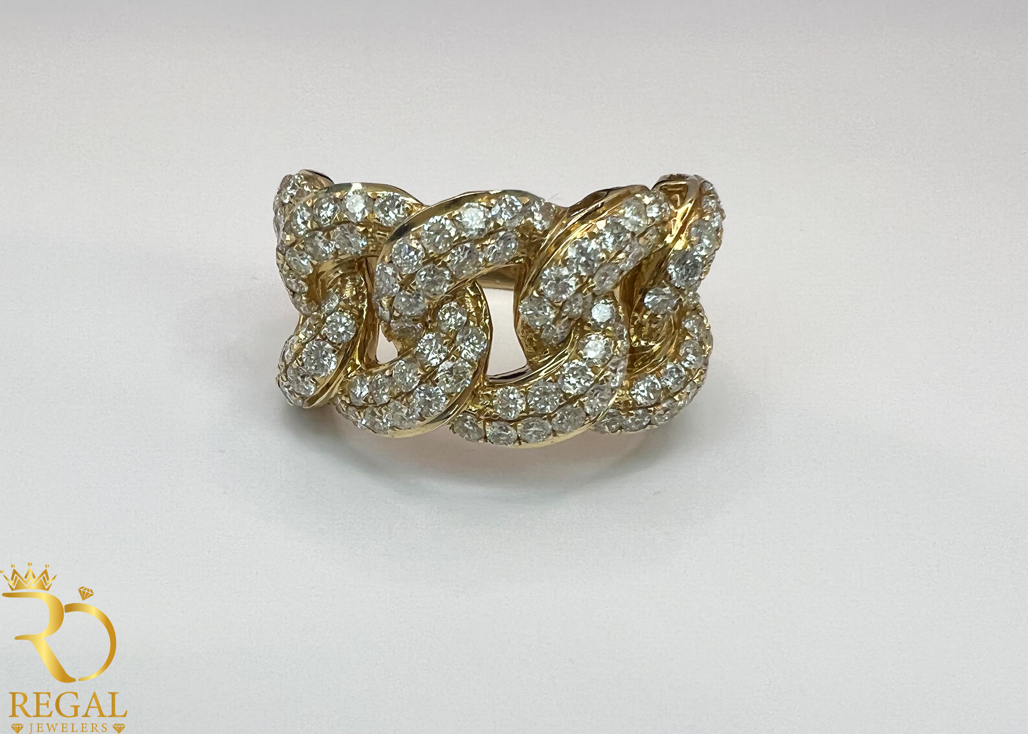 Yellow Gold Miami Cuban Ring with Diamonds