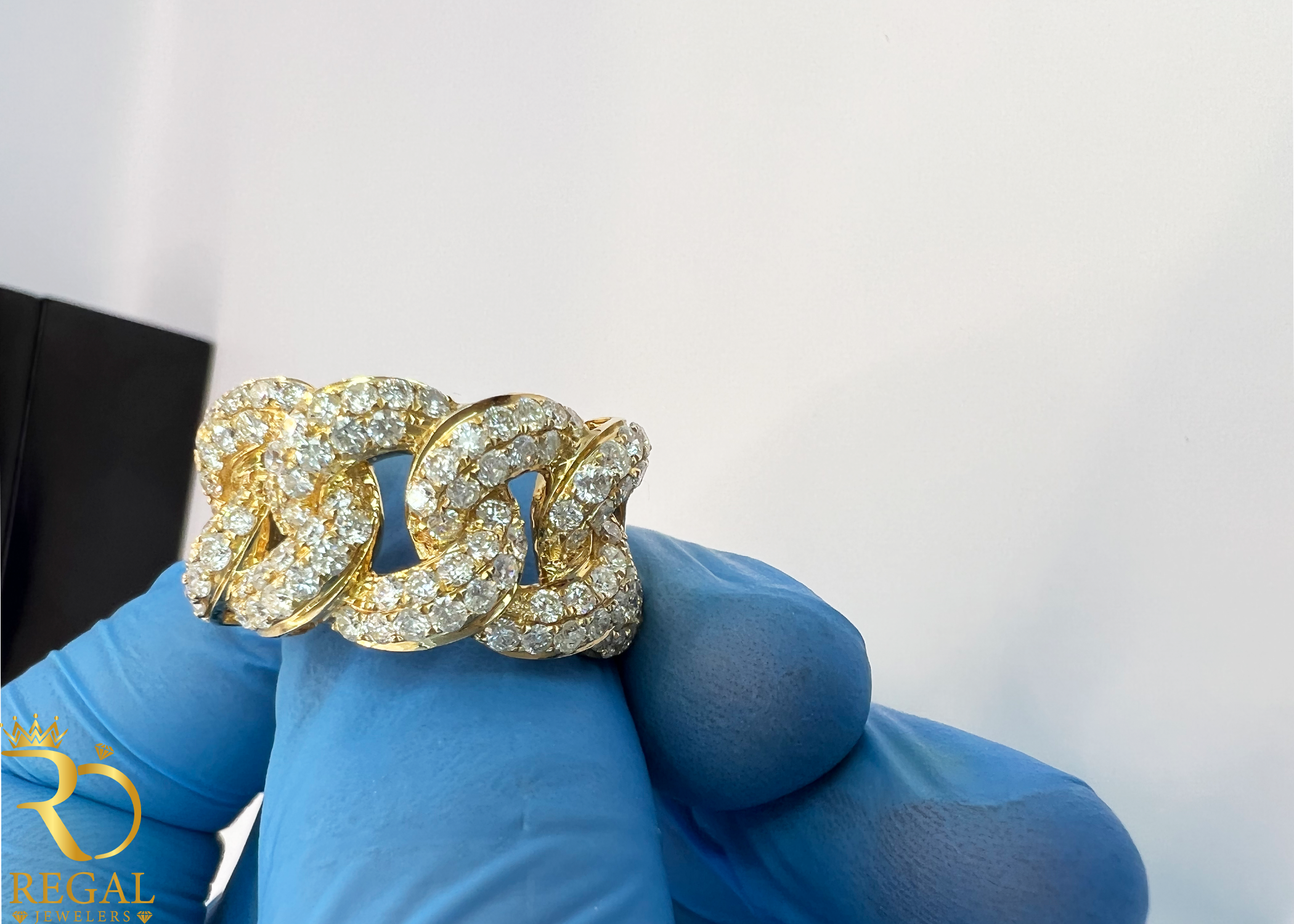 Yellow Gold Miami Cuban Ring with Diamonds